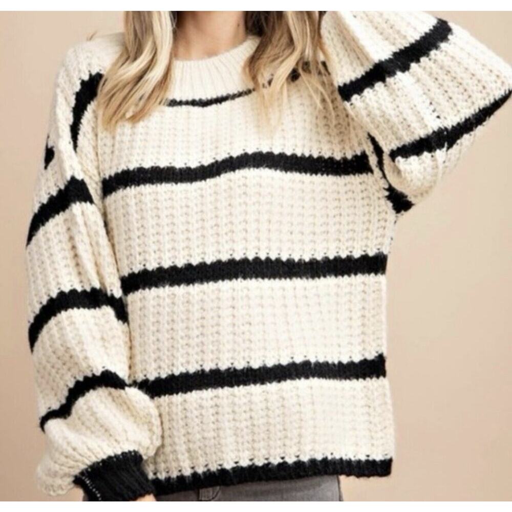 Kori America Slouchy Sweater Size Medium Boxy Ivory Black Striped Balloon Sleeve